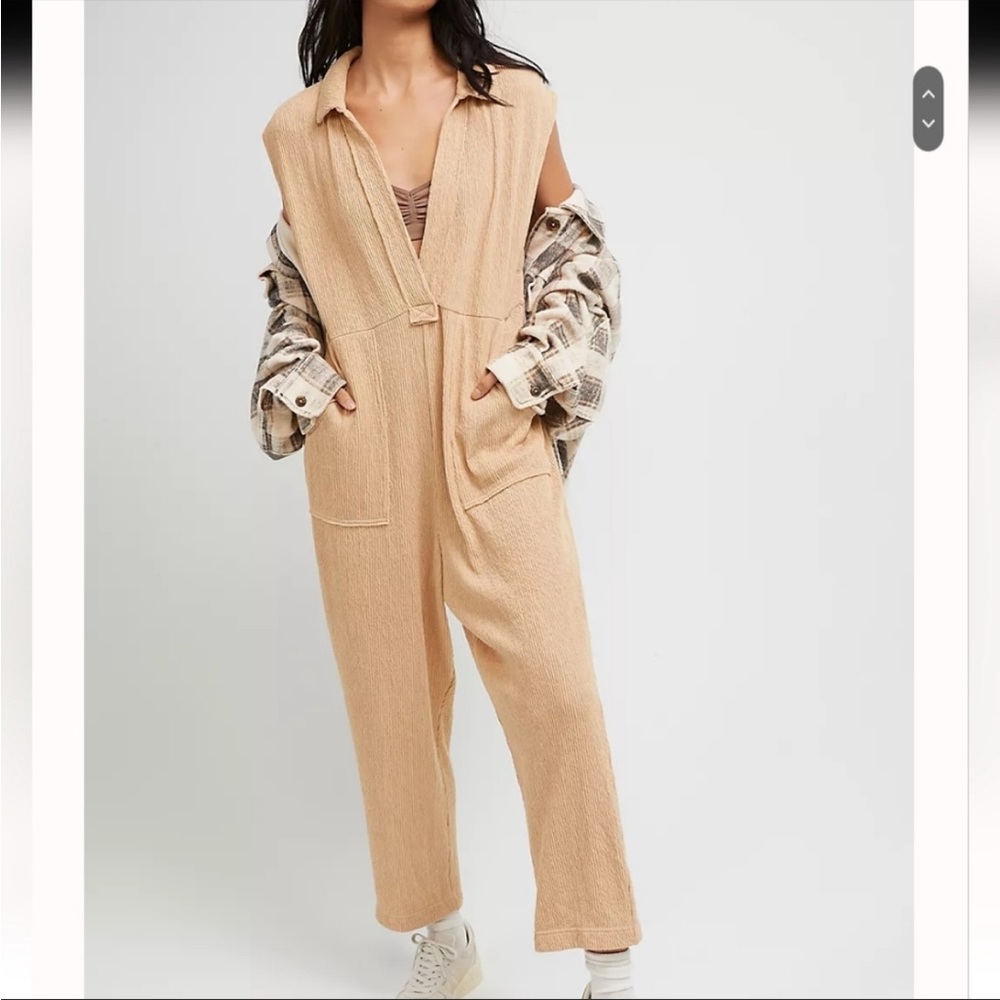 Free People Carousel One Piece tan Cotton Gauze Beach Beachy Jumpsuit Size Large